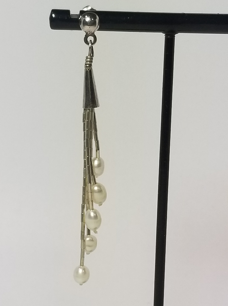 Vtg STERLING SILVER DANGLE PEARLS STUD EARRING - Picture 4 of 8